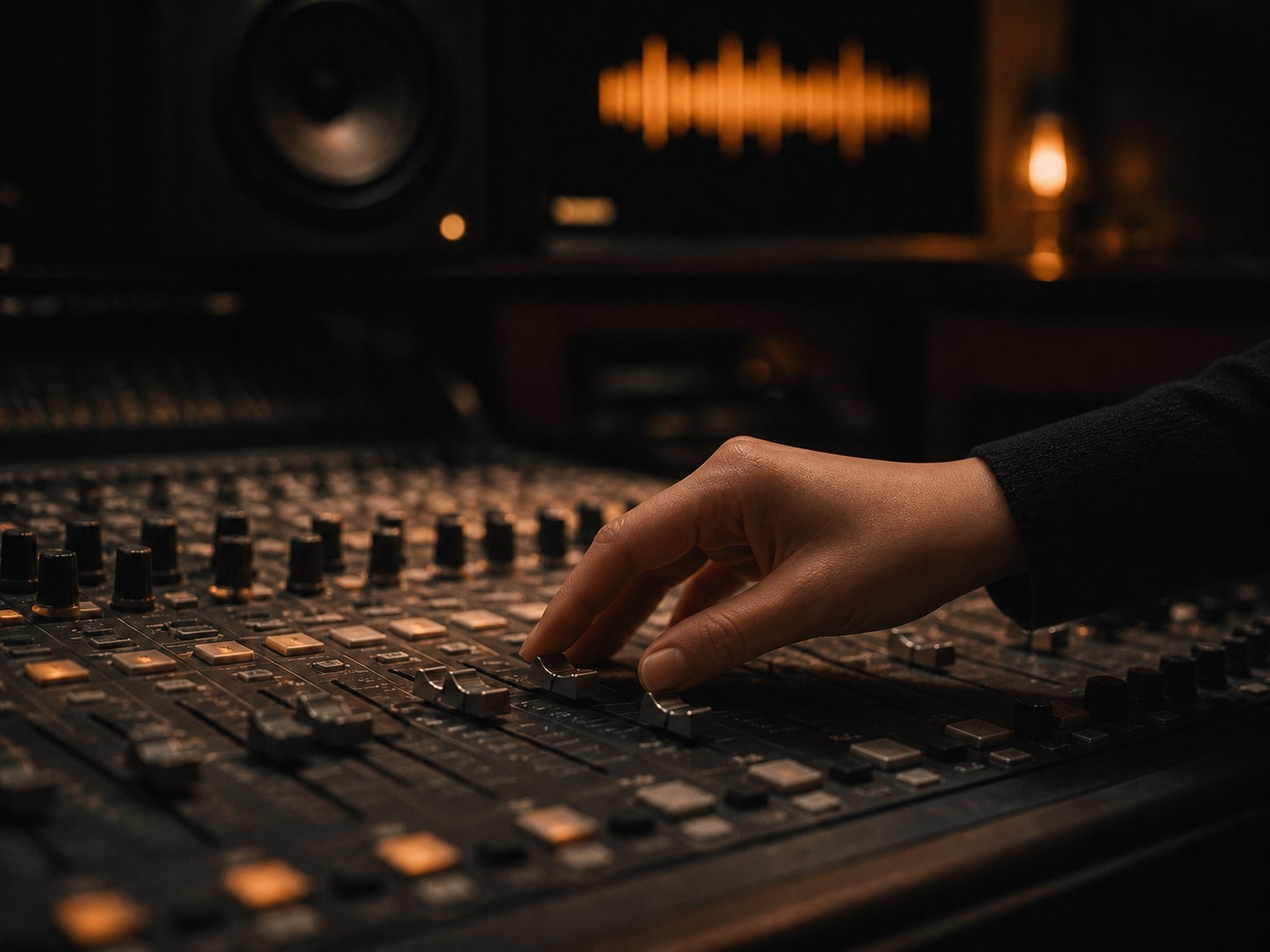 A female sound designer working at an analog mixing console