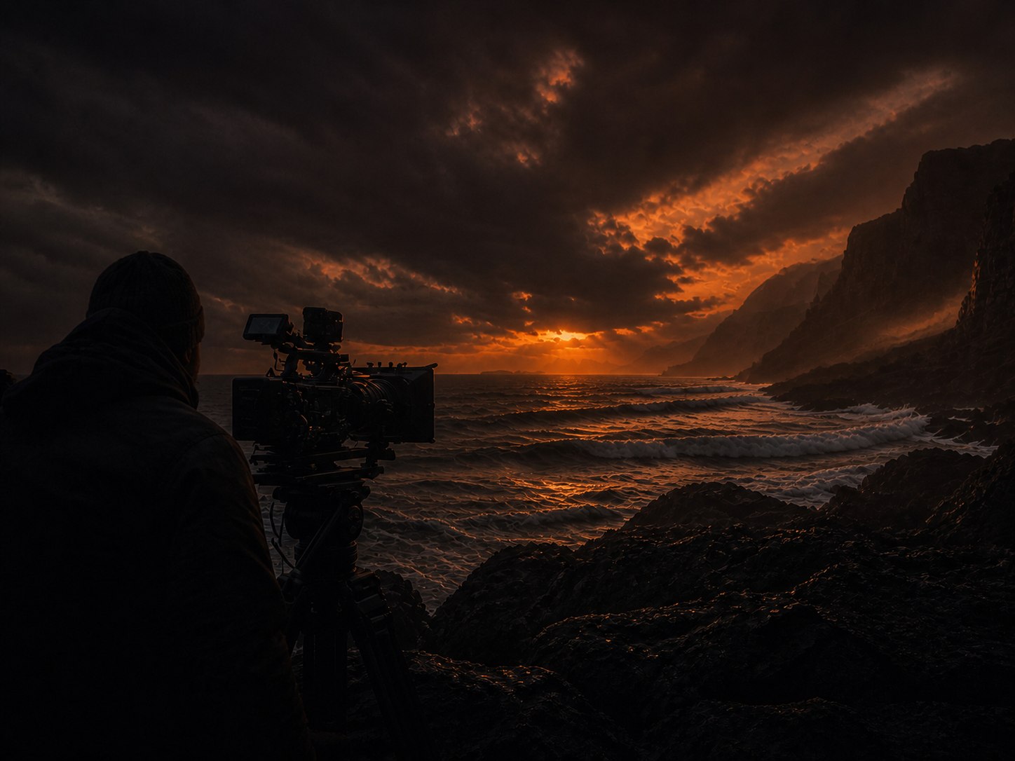 A cinema camera filming a Nordic coastline at a dark late sunset